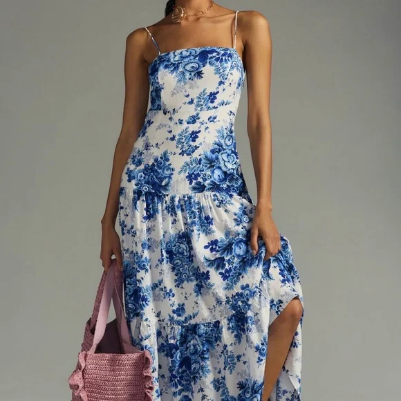 Drop-Waist Blue & White Floral Midi Dress in XS - Picture 2 of 7